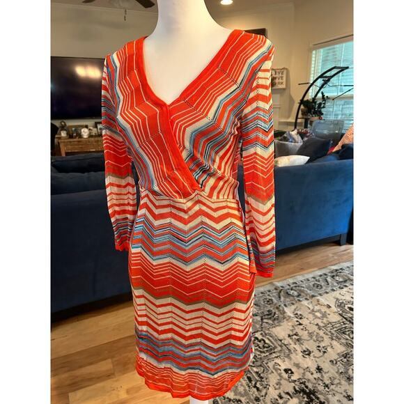 Trina Turk Blue & Orange chevron zig zag design Fit & Flare Dress - Small - Picture 2 of 7